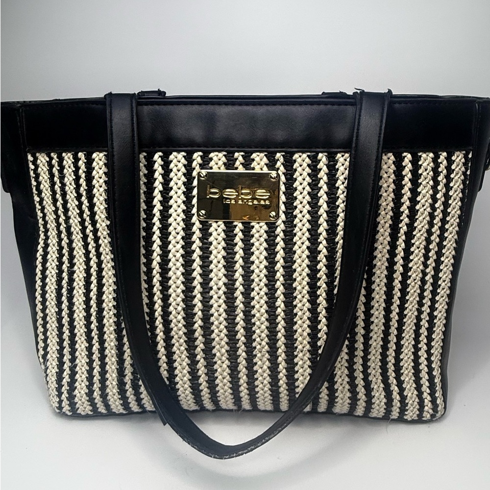 bebe Black & White Woven Tote Bag Faux Leather Handles 13x9